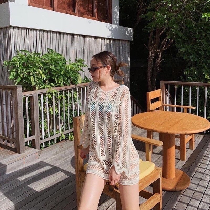 เดรสถัก เดรสตาข่าย ใส่คลุมชุดว่ายน้ำ ไหมพรมนิ่ม