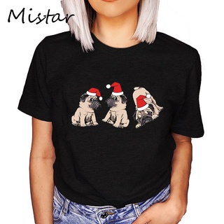 เสื้อยืด Cute Pug Dog T Shirt Women Merry Christmas Cartoon T-shirt Tops O-neck Loose Graphic Tshirt