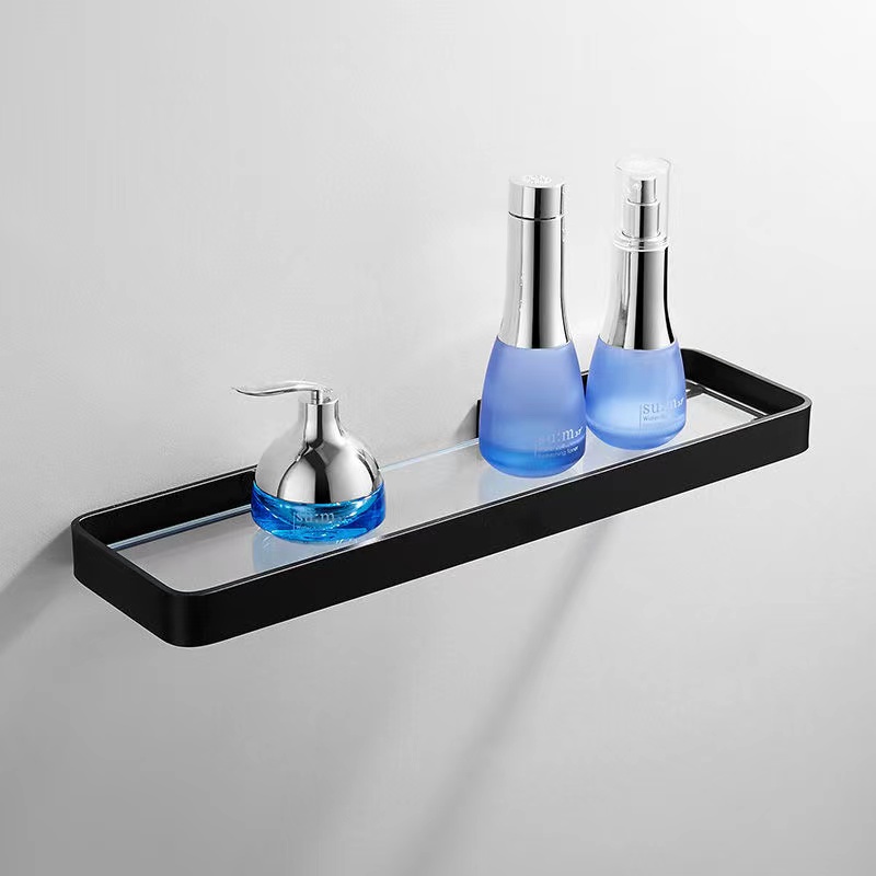 ชั้นวางของBathroom Shelf Aluminum Square Shower Shelf Glass Shower Shelf Black Finish Storage