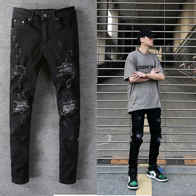 ขายดี​ Amiri black ripped jeans new cashew flower patch