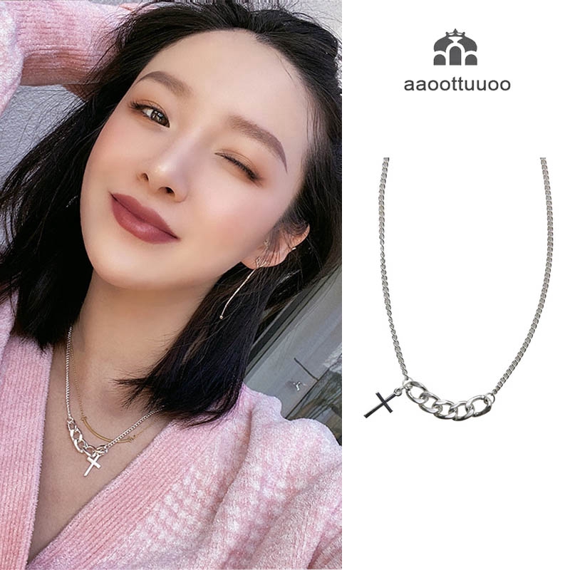 S925 Silver Pendant South Korea female wind Mori sweet short chain cross diamond necklace collar female D1513