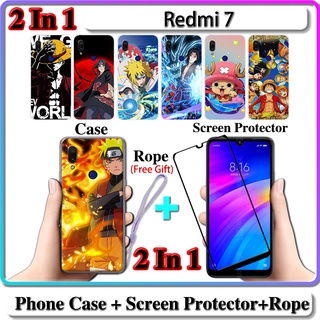 2 IN 1 เคส Redmi 7 พร้อมกระจกนิรภัยโค้ง ป้องกันหน้าจอเซรามิค นารูโตะ และการออกแบบ One Piece