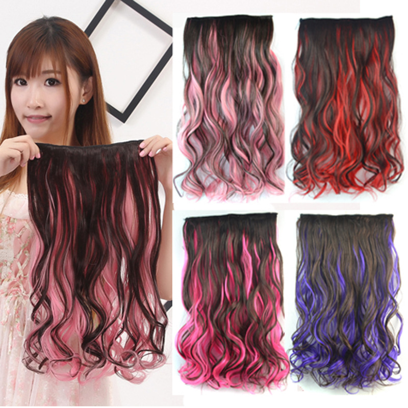 ผมหยิกยาว 5 คลิปบนต่อผมอุณหภูมิสูงผมสังเคราะห์สีน้ําตาลผสมสีเขียว/สีฟ้า/สีชมพู/สีแดงชิ้นผม