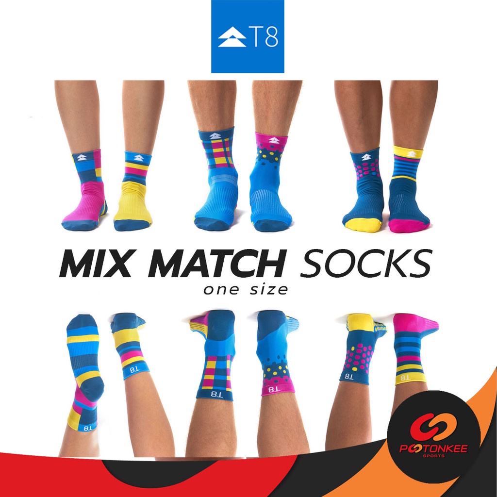 T8 MIX MATCH SOCKS ถุงเท้ากีฬา ใส่วิ่ง ใส่ออกกำลังกาย T8 (One Size Fits Most) Unisex