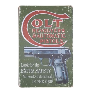 ป้ายสังกะสีวินเทจ Colt Revolvers &amp; Automatic Pistols