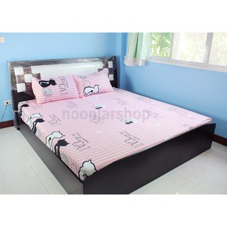 nna-0037 ผ้าปูที่นอน สีชมพู ลวดลายเส้นแมวน้อยขาวดำ 6 ฟุต 5 ฟุต 3.5 ฟุต วินเทจ fit sheet