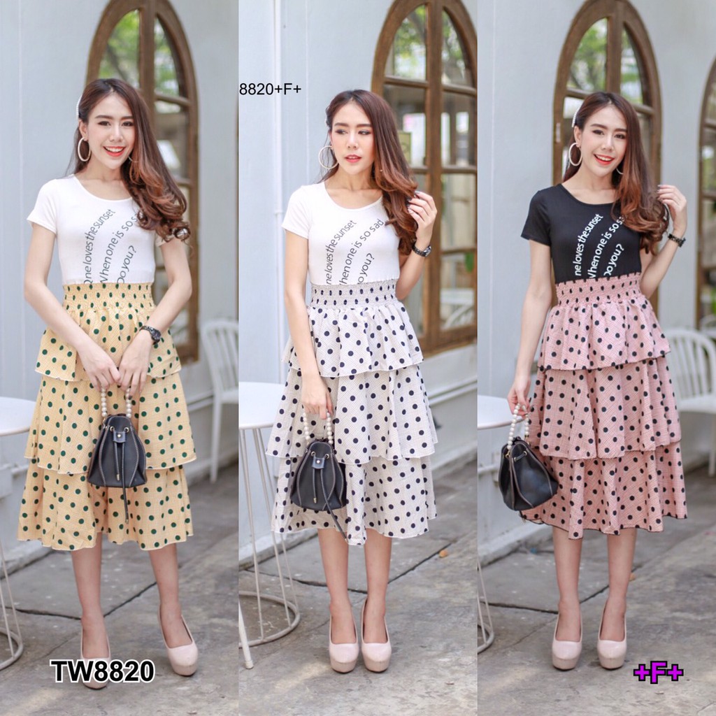 SS8820 Dress ลายจุด กระโปรงชั้น