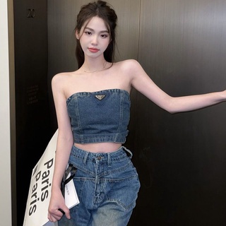 เสื้อยีนเปิดไหล่ ทรงสามเหลี่ยม เข้ารูป พิมพ์ลายโลโก้ แฟชั่นฤดูร้อน สําหรับผู้หญิง 2022