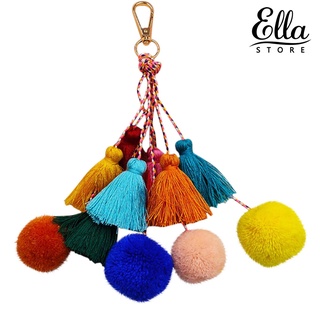 Ellastore123 พวงกุญแจพู่ปอมปอม แฮนด์เมด สไตล์โบฮีเมียน สําหรับแขวนตกแต่ง