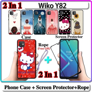 2 IN 1 เคส Wiko Y82 พร้อมกระจกนิรภัยกันรอยหน้าจอ เซรามิค โค้ง สําหรับเด็กผู้หญิง และคิตตี้