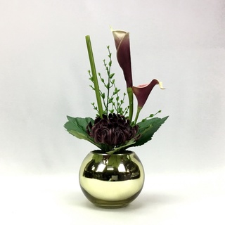 OrientalFineArt  แจกันดอกไม้แต่งบ้าน สไตล์โมเดิร์น ดอกฟูจิมัม ดอกคาล่าลิลลี่ในแจกันแก้วสีเงิน(ZCO-6180-N)