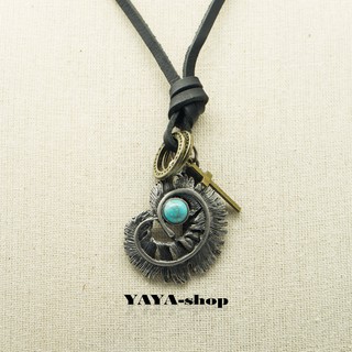 YAYA-shop สร้อยคอสายหนังพร้อมจี้ ขนนก ไม้กางเขน แหวนกลม ป้ายเหล็ก สไตล์วินเทจ Necklace04-065