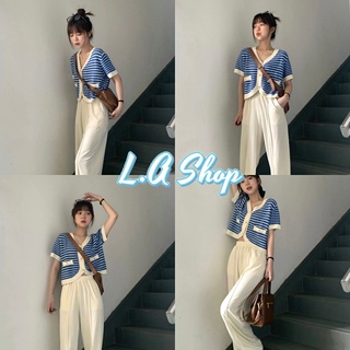 L.A Shop พร้อมส่ง เสื้อไหมพรมแขนสั้น ดีเทลถักไหมพรมลายทางคิ้วมากก "A517"