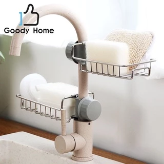 Goody Home ตะแกรงสำหรับติดกับก๊อกน้ำ วางของใช้ในครัวเรือน ตะแกรงสีเงิน ส่วนข้อต่อยึดกับหัวก๊อกน้ำสีเทา