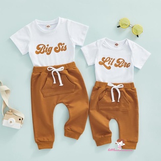 XZQ-Baby Sister &amp; Brother Matching Set Outfits, Short Sleeve Lit Bro/Big Sis Romper/T-Shirt + Long Pants, Big Sister Little Brother Clothes