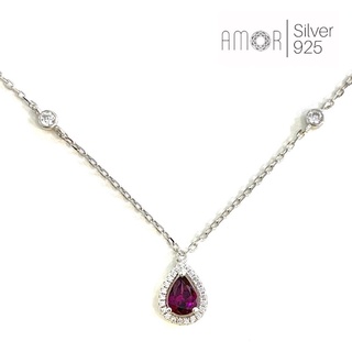 สร้อยคอเงินแท้อิตาลี 925 พร้อมจี้ฝังพลอยโรโดไลท์ (Rhodolite Garnet) ขนาด 7*5 มิล และเพชร cz