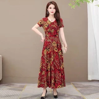 พร้อมส่งในไทย เดรสสตรีสวยหรูเนื้อผ้าเรียบๆใส่สบาย แฟชั่นวินเทจลายผสมผสานเดรสยาวกระโปรงทรงซ้อนสวยมาก