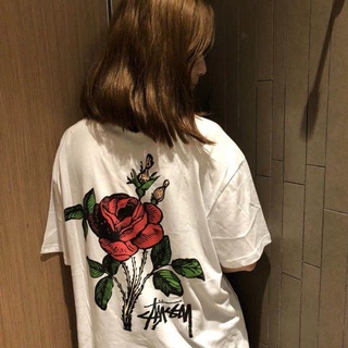 Meichao Stussy เสื้อยืดลําลอง แขนสั้น คอกลม ทรงหลวม ลายดอกกุหลาบ สําหรับผู้ชาย ผู้หญิง