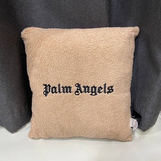 PALM ANGELS CLASSIC LOGO EMBROIDRED BROWN FUR PILLOW หมอนอิง แบรนด์ปาล์มแองเจิล สีน้ำตาล ปักตัวหนังสือโลโก้คลาสสิค