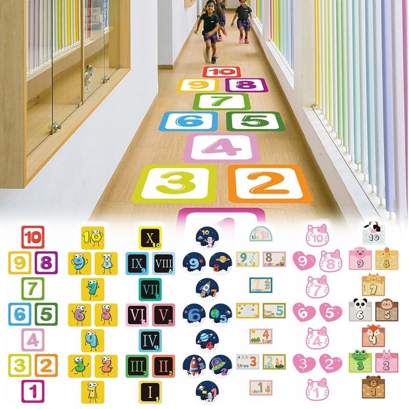สติกเกอร์ติดพื้น กันน้ํา มีกาวในตัว ลายการ์ตูนตัวเลข เกมฮอปสก๊อตช์ สําหรับตกแต่งบ้าน ของขวัญเด็ก ผู้ปกครอง