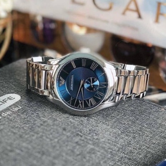 (ผ่อน0%) นาฬิกาข้อมือชาย Emporio Armani Men's Three-Hand Stainless Steel Watch AR11085 ตัวเรือนสีเงิน หน้าน้ำเงิน 43มม.