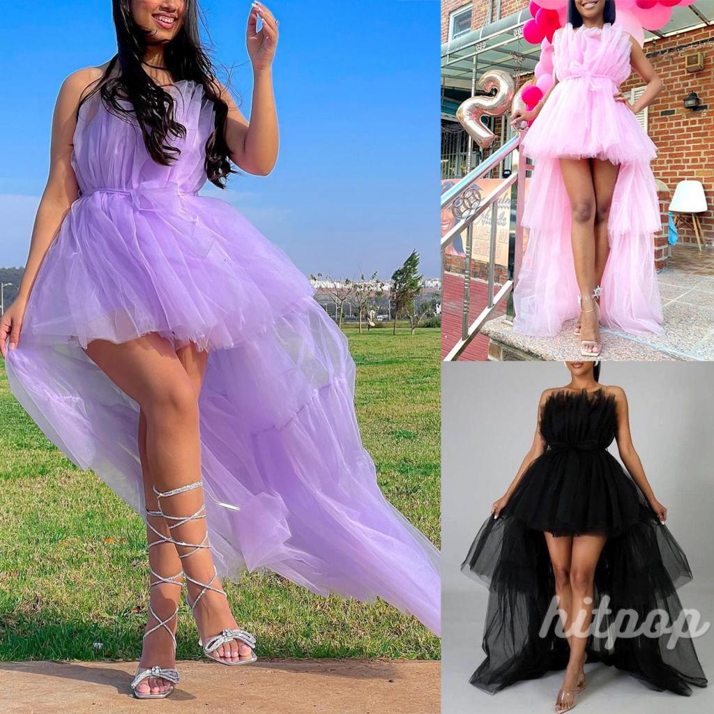 ชุดเดรส Tulle ต่ําของผู้หญิง, ชุดเดรสปาร์ตี้ค็อกเทลมัดย้อมสีทึบที่ไม่มีสายหนังชุดพรหม