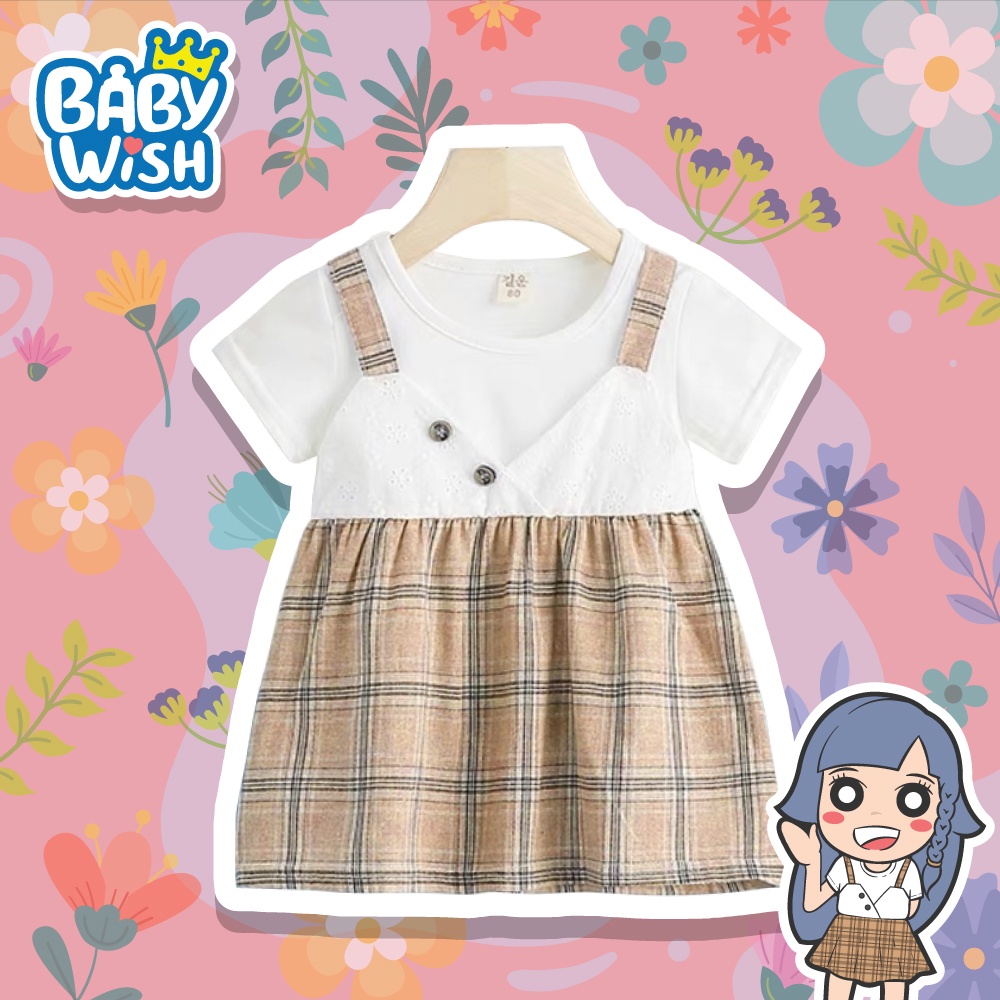 Baby Wish เสื้อผ้าเด็กชุดกระโปรงลายจุดสายเอี๋ยม พร้อม แขนสั้น แขนยาว 80-110cm