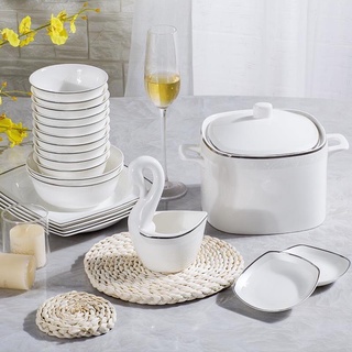  Tableware ชุดจานชามเซรามิค เนื้อโบนไชน่า ชุดจานชาม จานชามเซรามิค สีขาว แต่งขอบเงิน ลายดอกไม้ สไตล์ยุโรป 70/ชุด