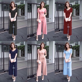 6714 Jumpsuit จั๊มสูท ขายาวแขนจับจีบ ทรงป้ายด้านหน้า