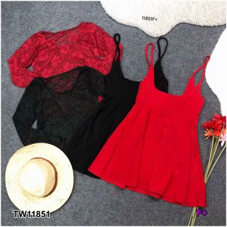 TW11851  Set 2 ชิ้น เสื้อลูกไม้แขนยาวสีดำ + เอี๊ยมเดรสสายเดี่ยว