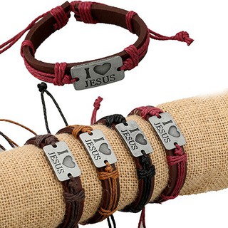 Vintage Unisex Faux สร้อยข้อมือหนังแท้ฉันรักพระเยซูประดับตัวอักษร RopeBangle