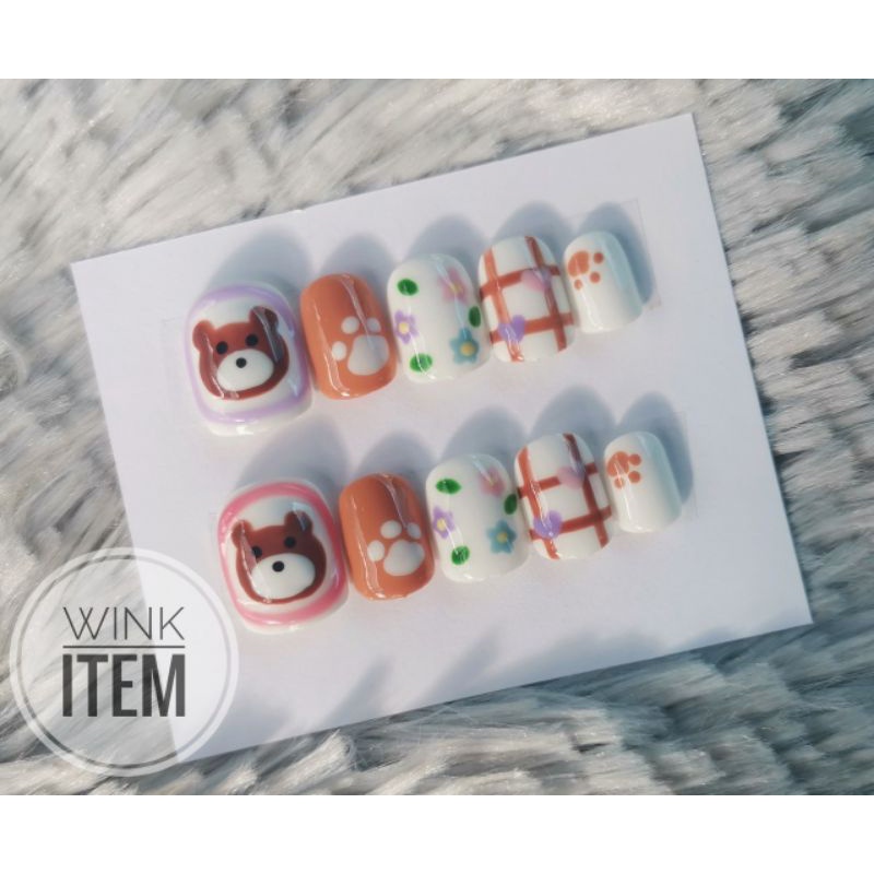 W058 เล็บ​ปลอม​ เพ้นท์ลาย​หมี​ แถมกาว+ตะไบฟรี