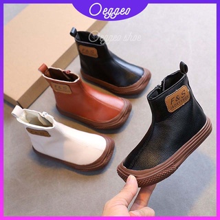 Oeggeo shop รองเท้าบูทหนัง ข้อสั้น มีซิปด้านข้าง สีขาว สําหรับเด็ก