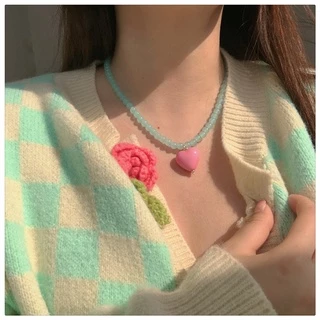 สร้อยคอโซ่ จี้ลูกปัดอะคริลิค รูปหัวใจ สีชมพู สีแคนดี้
