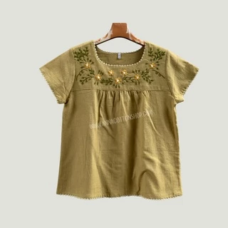 เสื้อผ้าฝ้ายผู้หญิง สวมใส่ง่ายสบายๆ งานปักมือน่ารัก งานถักโครเชต์ คอยูแขนสั้นใส่ทำสวน ปลูกดอกปลูกต้นไม้เข้าครัว