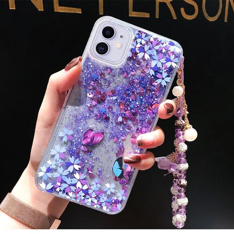 ปลอกทรายดูด Xiaomi Mi 14 13 12 13T 12T 11T Pro 12Lite 11 Lite POCO X3 X5 5G Bling Glitter Cases พร้อมสร้อยข้อมือผีเสื้อดอกไม้ปก