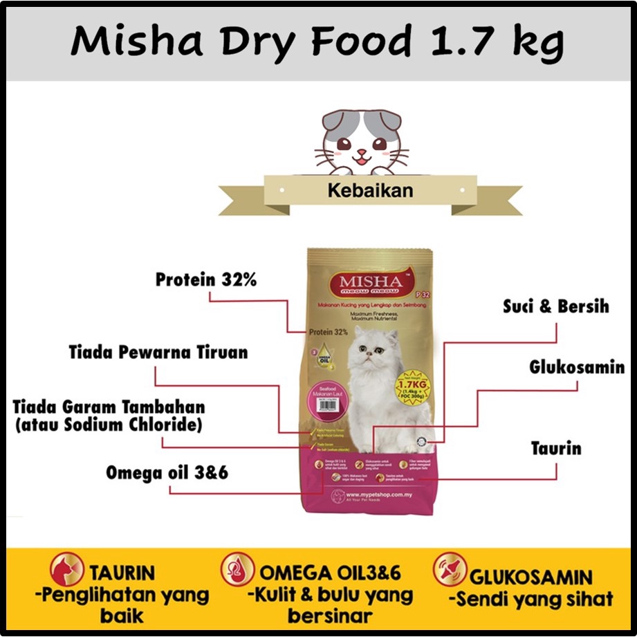 GUN PET Misha Dry อาหารแมวเม็ด Makan Kucing Misha โปรตีนสูง 猫 1.7 กก. 1.5 กก.