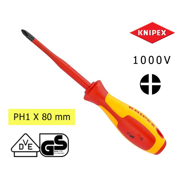 Knipex ไขควงกันไฟ VDE 1000V แกนสลิม สำหรับสกรูหัวแฉก (ขนาด: หัว x ความยาวแกน)