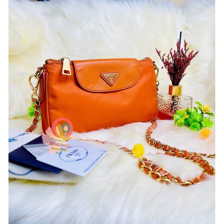 🚫ขายแล้วค่ะ🚫Used Prada Tessuto Crossbody BT0779 Saffiano Papaya แท้