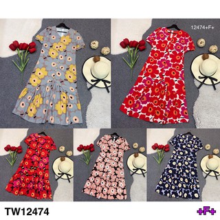 TwinsShopVip💗พร้อมส่ง TW12474 แม็กซี่เดรสคอวีลายดอก ชายระบายแต่งกระดุม #BoRichTa