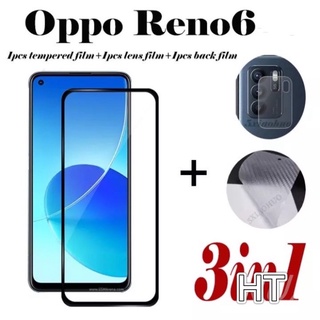 3in1 ฟิล์มเลนส์กล้อง + ฟิล์มกระจกเต็มจอ+ ฟิล์มหลัง For OPPO Reno6 5G ฟิล์มกันกระแทกขอบดำ