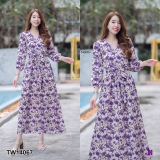 🔥👗Maxi Dress เดรสยาวดีเทลคอวีไขว้ด้านหน้า แขนยาว มีโบว์ผูกเอวปรับระดับได้📌📌