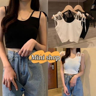 Mini shop 🌸พร้อมส่ง🌸เสื้อครอปสายเดี่ยวไหมพรมเเบบผูกเชือก2เส้น  (22002)