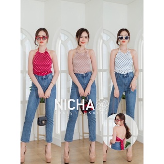 NICHA online🛒บอดี้สูท คล้องคอลายจุด เปิดหลังสุดเก๋