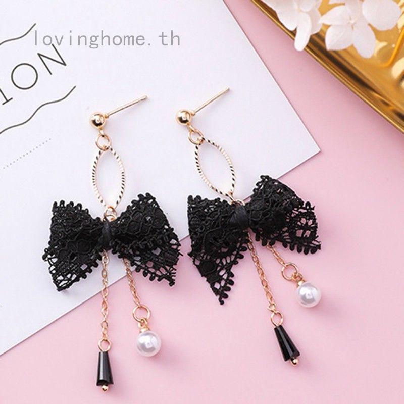 Fashion Earrings Sweet Cute Lace Bow-knot Tassel Pearl Drop Dangle Earrings Gift