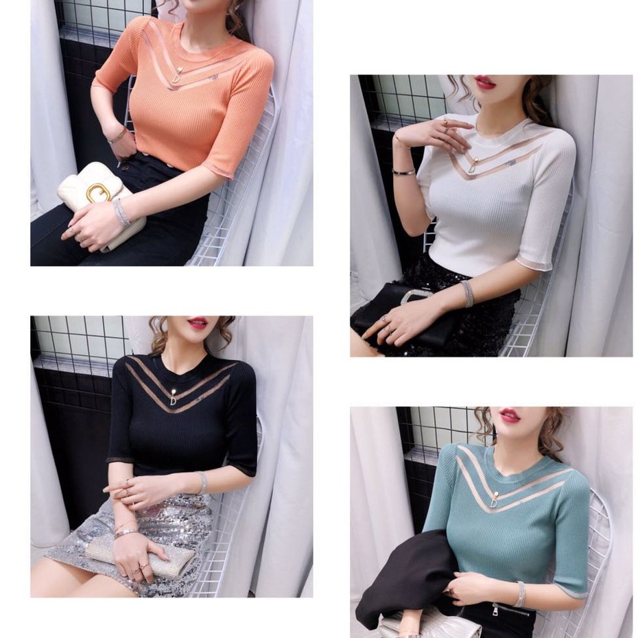 Ki Ki -shop  เสื้อยืดไหมพรมคอกลม แขน3ส่วน ผ้านิ่มมาก  F823 * ราคา ถูกที่สุด ดีลบีเคเค