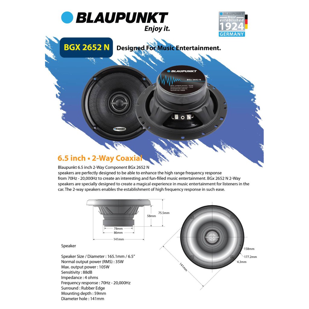 BLAUPUNKT รุ่น BGX 2652N  ลำโพงแกนร่วมติดรถยนต์ 2 ทิศทาง ขนาด 6.5 นิ้ว / แพ็ค 1 คู่