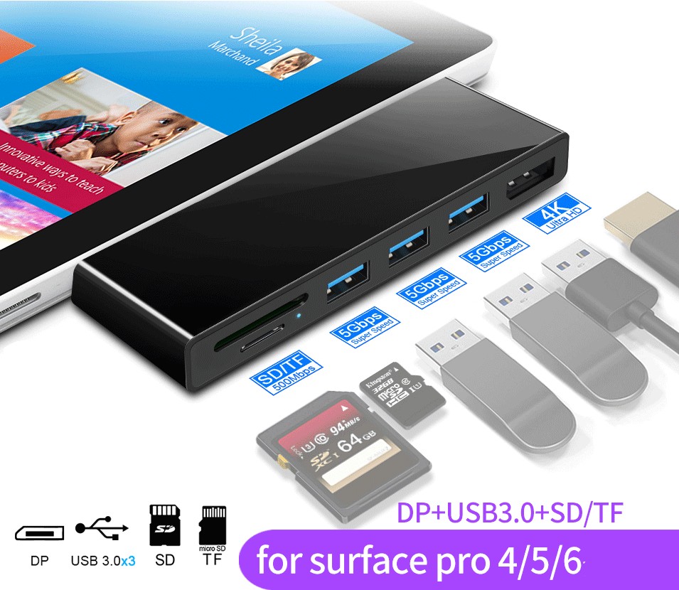 ขาตั้งฮับ USB Surface Pro, อะแดปเตอร์ฮับ USB 6-in-1 พร้อมพอร์ตแสดงผล DP 4K, 3 USB 3.0 (5Gps), อะแดปเตอร์การ์ด Surface Pro SD / TF สําหรับ Surface Pro 6/5/4