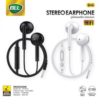 หูฟัง BLL รุ่น 6036 Heavy Bass Sound Earphone ให้เสียงHeavy Bass Stereo เชื่อมต่อด้วยสาย AUX 3.5 mm รองรับมือถือหลายรุ่น