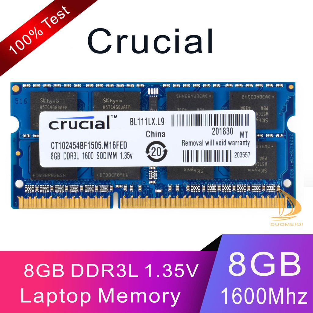 Crucial 8GB RAM DDR3L 1600Mhz 2Rx8 PC3L 12800S SODIMM RAM หน ่ วยความจําแล ็ ปท ็ อป Intel